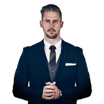 Nothing but success. Studio portrait of a confident businessman posing against a white background