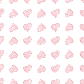 Seamless Pattern with Hearts. Hand Drawn Valentines Background. Red Hearts on White Background. Digital Paper Drawn by Colored Pencils.