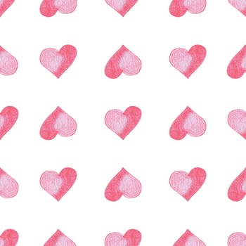 Seamless Pattern with Hearts. Hand Drawn Valentines Background. Red Hearts on White Background. Digital Paper Drawn by Colored Pencils.