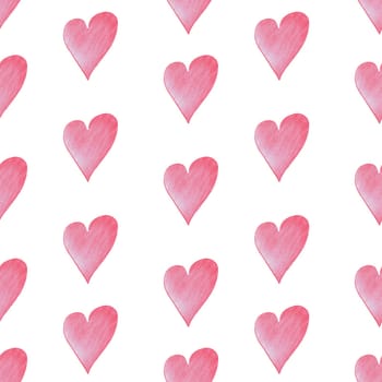 Seamless Pattern with Hearts. Hand Drawn Valentines Background. Red Hearts on White Background. Digital Paper Drawn by Colored Pencils.