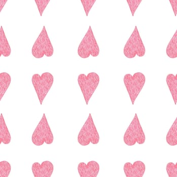 Seamless Pattern with Hearts. Hand Drawn Valentines Background. Red Hearts on White Background. Digital Paper Drawn by Colored Pencils.