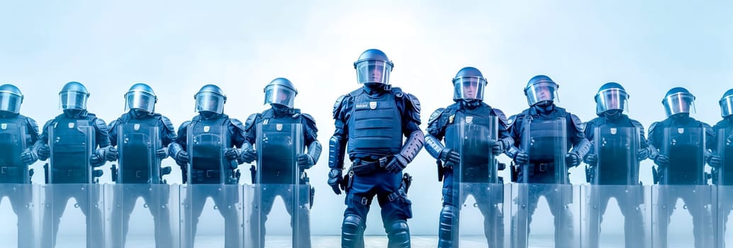 police response unit to control protest and riot in the city, banner, made with Generative AI. High quality illustration