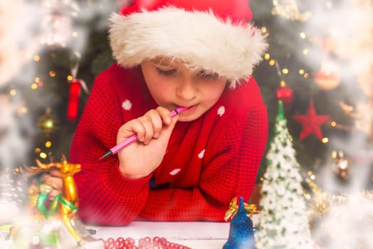 Little boy in Santa hat writes letter to Santa Claus. Kid in Santa hat writing wish list