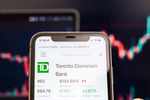 Toronto Dominion Bank stock price on the screen of cell phone in mans hand with changing stock market exchange with trading candlestick graph analysis, February 2022, San Francisco, USA