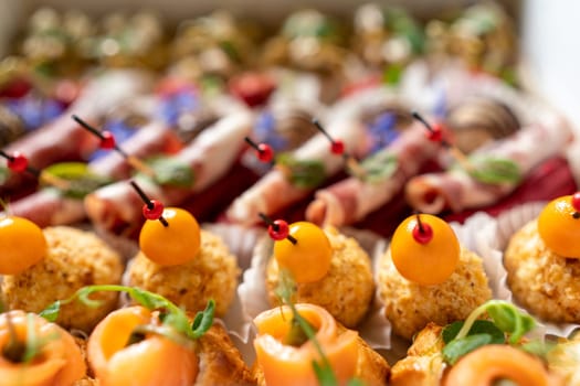 Catering service. Set of beautiful canapes. Buffet table. Shallow depth of view