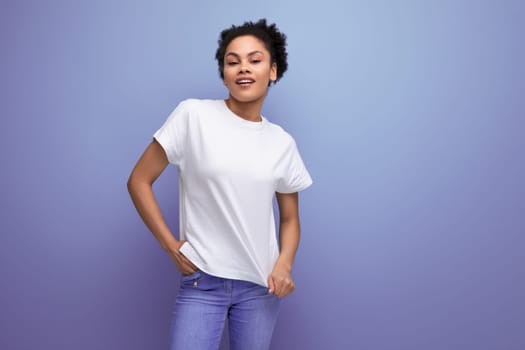 young pretty hispanic business music lover woman in white t-shirt for identity and branding.