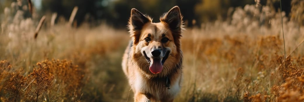 cute funny dog running in meadow looking in camera. banner.