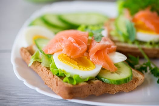 fried toast with lettuce, egg, cucumbers and red fish in a plate, on a wooden table.