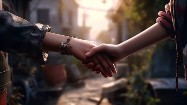 Two girls holding hands against the backdrop of the city, sunrise or sunset. Friendship