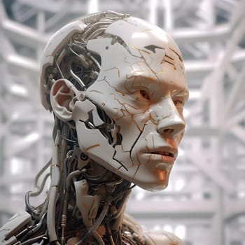 Human-like robot head on a technological background. The concept of artificial intelligence. Neural networks