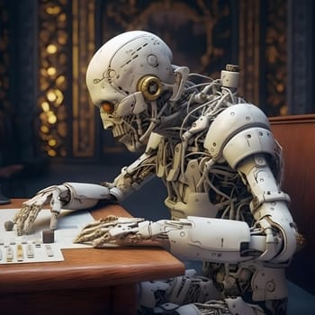 The robot examines the scheme while sitting at a table in a cafe