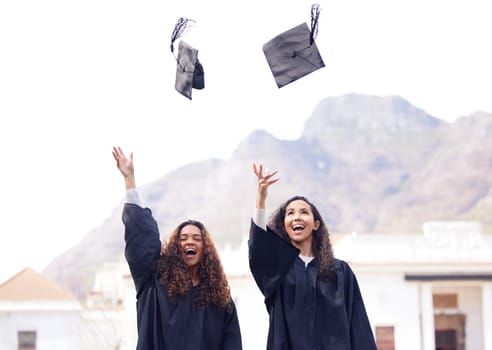 Graduation, hats and students celebrating academic achievement or graduates together with joy on happy day and outdoors. Friends, education and success for degree or excitement and campus picture.