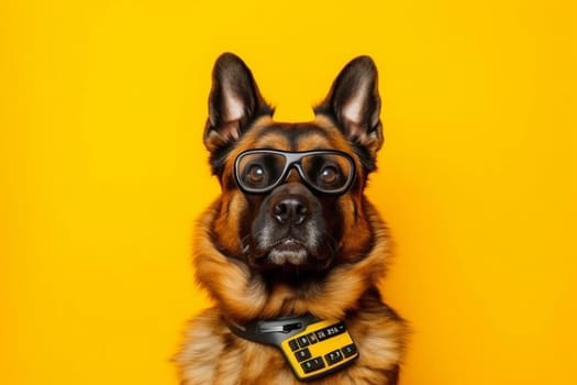 dog financial white accountant background yellow pet goggles accounting finance glasses fun calculator worker business funny humor shocked profit animal tax. Generative AI.