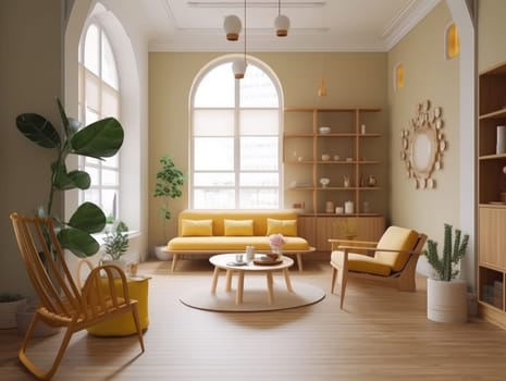 Yellow Japanese style living room with wooden decoration. Generative AI.