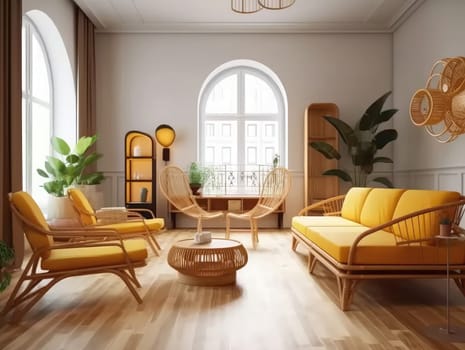 Yellow Japanese style living room with wooden decoration. Generative AI.