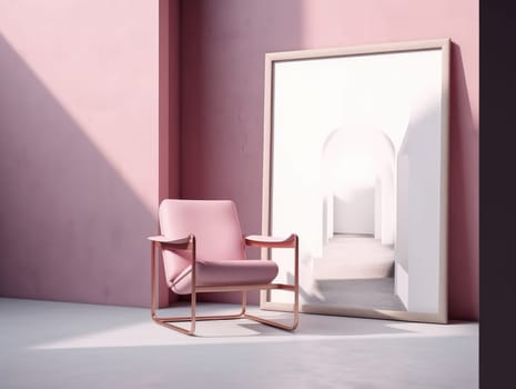 Pink modern stylish room with frame and sofa. Generative AI.