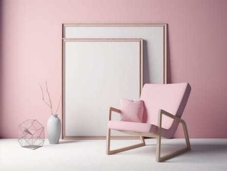 Pink modern stylish room with frame and sofa. Generative AI.