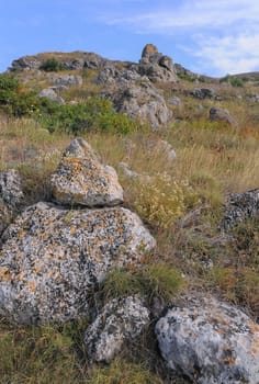 Shell stones and rocks on the territory of Kazantip, steppe landscape with specific flora and fauna, eastern Crimea