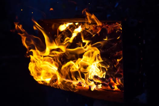 burning firewood in the grill, preparation for the frying of meat, close-up.