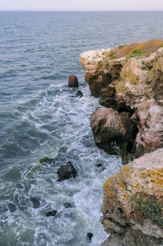 The steep stone coast of the Black Sea from Pontic limestones at Kazantip, Eastern Crimea