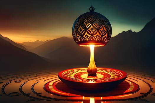 3D rendering indian lamp for diwali celebration on soft background ethereal. Colorful particle effects in the background. Gold filigree on a indian lamp. AI-generated Digital Art