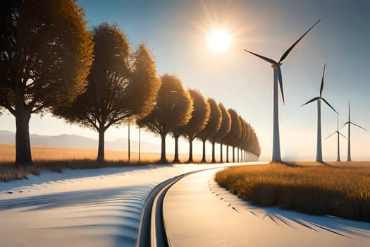 Panoramic view of wind farm or wind park, with high wind turbines for generation electricity with copy space. Green energy concept. Generative AI