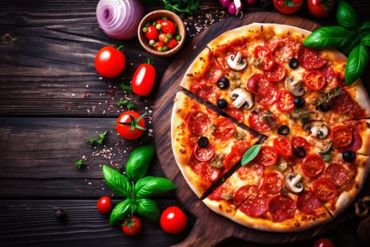 pizza view fast cheese space tasty food sauce copy rustic top mozzarella dinner black basil tomato top italian hot italy background meal food lunch. Generative AI.