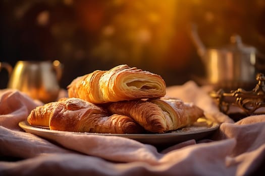eatery bun beverage morning bakery breakfast pastry french table drink snack croissant cup food sweet space background copy background bokeh fresh mug france. Generative AI.
