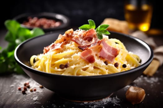 spaghetti meat lunch italian pork dish recipe meal carbonara pasta restaurant copy sauce space cheese homemade dark food pepper bacon background. Generative AI.