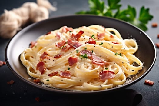 restaurant homemade cooked meal meat bacon carbonara background eating creamy tasty food sauce cream cheese spaghetti italian pasta traditional plate. Generative AI.
