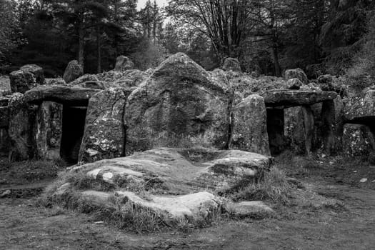 Victorian folly of Druids Plantation with standing stones created in forest in Nidderdale Yorkshire