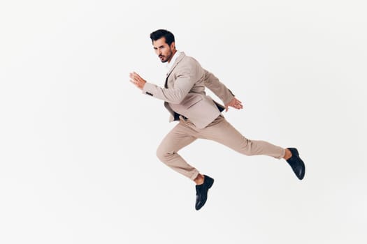 beige man office businessman attractive flying running work confident isolated business arm victory winner adult eyeglass shirt person smiling happy suit