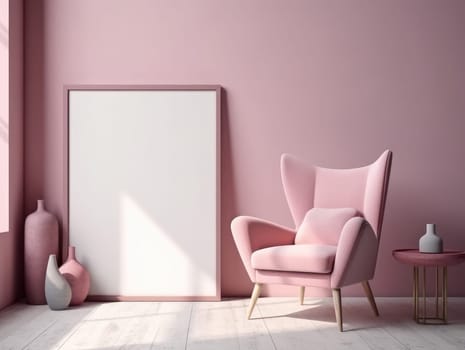 Pink modern stylish room with frame and sofa. Generative AI.