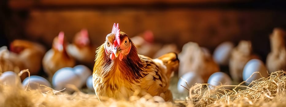 hen on the farm, sitting on eggs on straw in the paddock, banner, made with Generative AI. High quality illustration