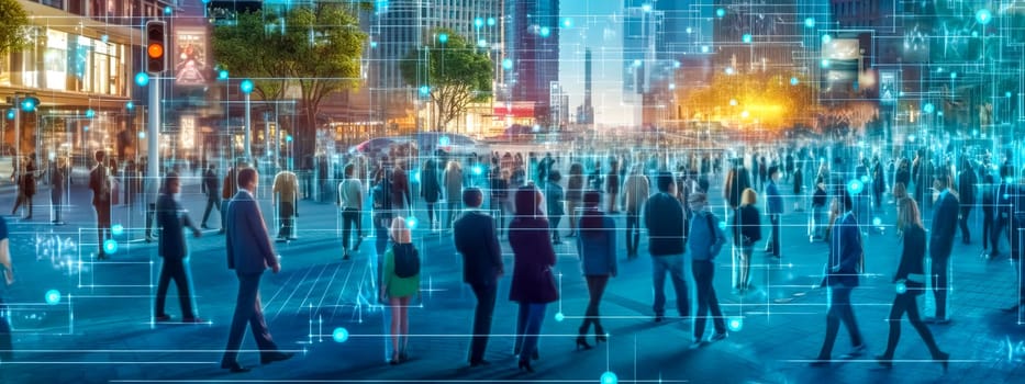 crowd of business people in the city with modern technology, banner, made with Generative AI. High quality illustration