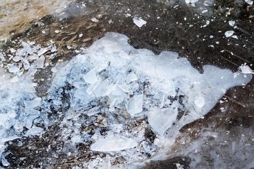 Shards of ice on a frozen ground close up