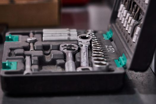 car mechanic tool set in a auto repair shop