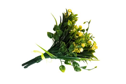 Bouquet of yellow wildflowers close up isolated on white background