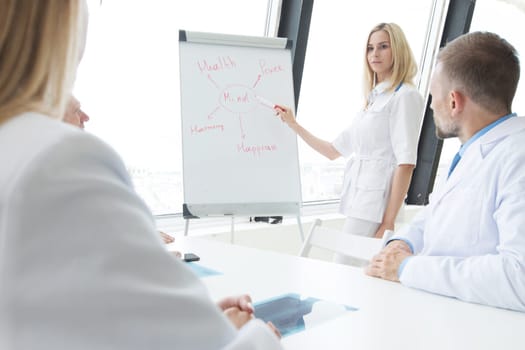 Team of medical doctors discuss mental health concept at presentation in clinical office