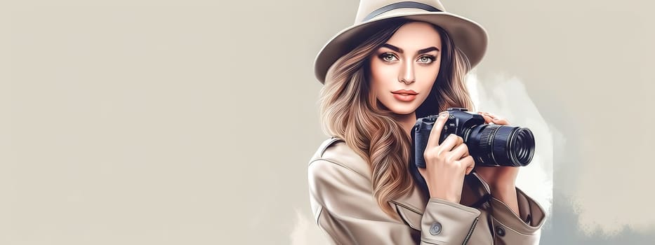 pretty woman photographer, banner with copy space, made with Generative AI. High quality illustration