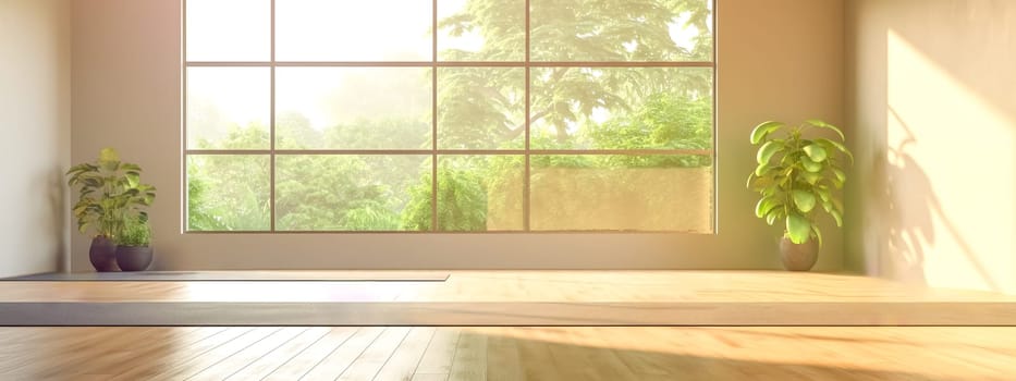 exercise hall with large windows and flowers for practicing yoga and pilates, relaxation room, group activities, banner with copy space, made with Generative AI. High quality illustration