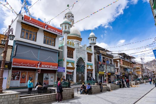 Leh, India - April 02, 2023: Exterior view of the mosque on Main Bazzar Road in the historic city centre.