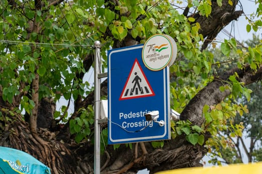 Old Delhi, India - March 30, 2023: Pedestrian crossing sign with a surveillance camera in the historic city centre
