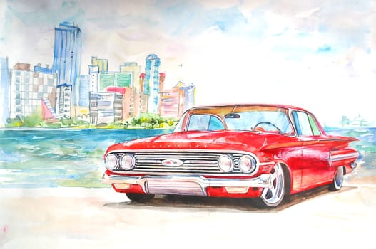 Watercolor retro car. Hand drawn classic automobile. Hand drawn card illustration