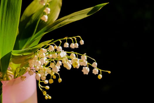 Bouquet of lilies of valley in vase on wooden table against background of green grass. Lily of valley.