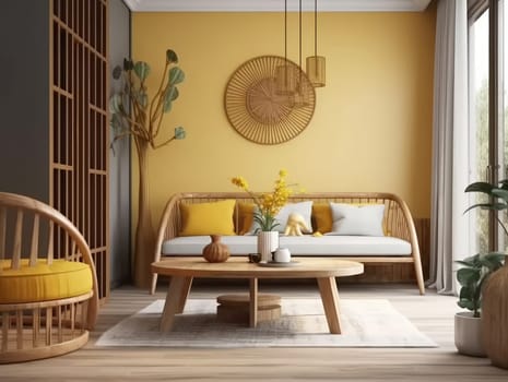 Yellow Japanese style living room with wooden decoration. Generative AI.