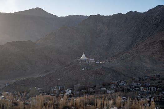 Leh, India - April 02, 2023: View of famous Shanti Stupa located on a hilltop overlooking Leh
