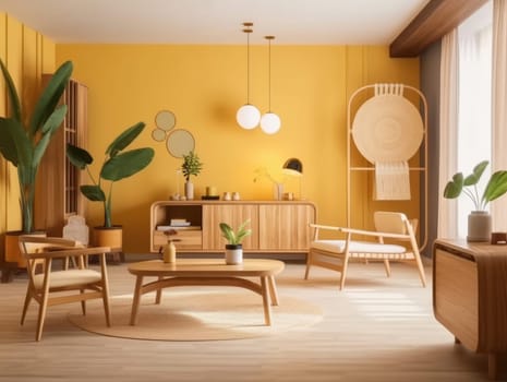 Yellow Japanese style living room with wooden decoration. Generative AI.