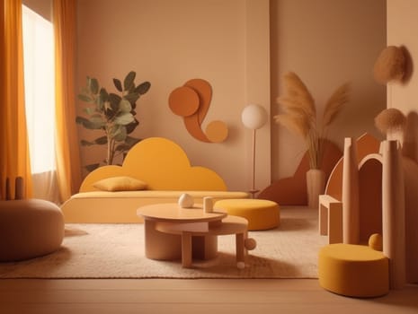 Yellow Japanese style living room with wooden decoration. Generative AI.