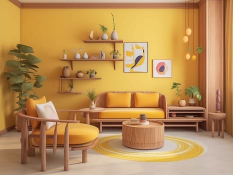 Yellow Japanese style living room with wooden decoration. Generative AI.